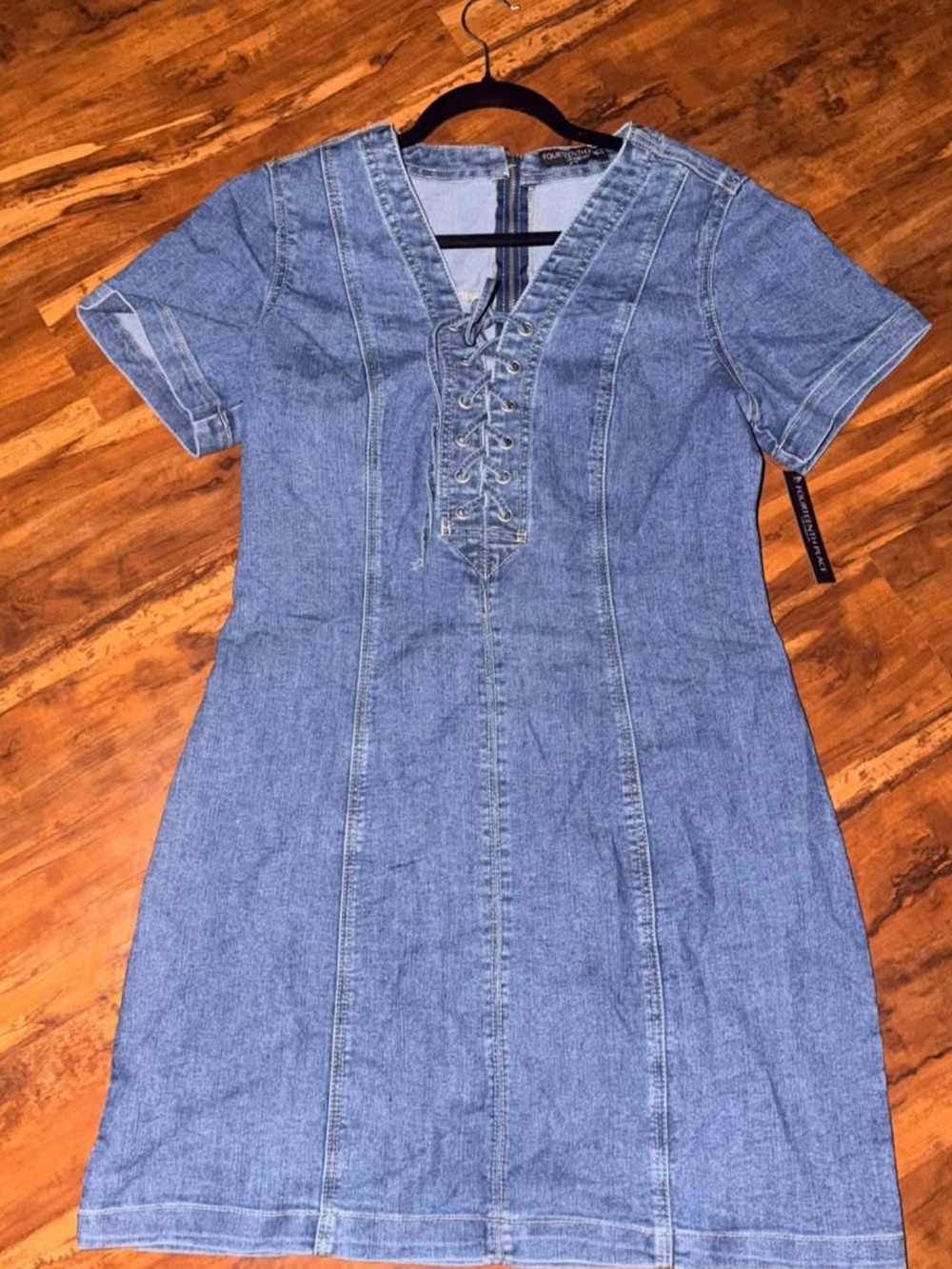 Denim Lace-Up V-Neck Short Sleeve Dress - Blue
